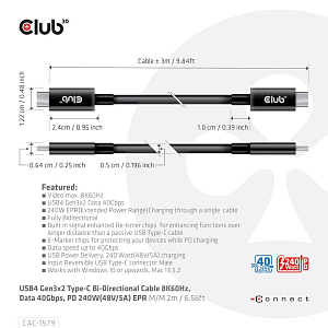 Двунаправленный кабель USB 4 Gen3 x2 Type-C 8 К 60 Гц или 4 К 120 Гц